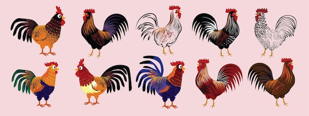 Set of chicken hen rooster icon character vector illustration Pet poultry farm animal collection