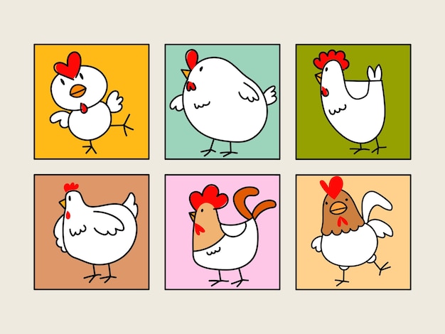set of chicken rooster hen cartoon poultry farm animal collection hand drawn vector illustration