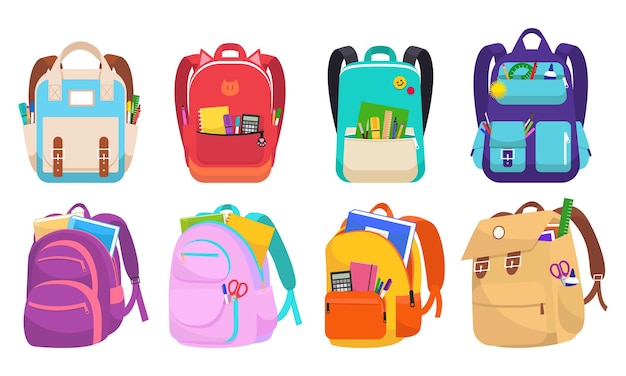 School Bag Set Vector Different Types View Schoolchild Kids Backpack  Icon Education Sign Back To School Isolated Flat Cartoon Illustration  Stock Vector Image  Art  Alamy