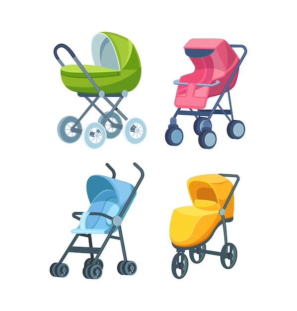 Vector set of childish colorful folding stroller buggy baby carriage child wagon infant transport