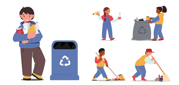 Vector set of children characters collect trash