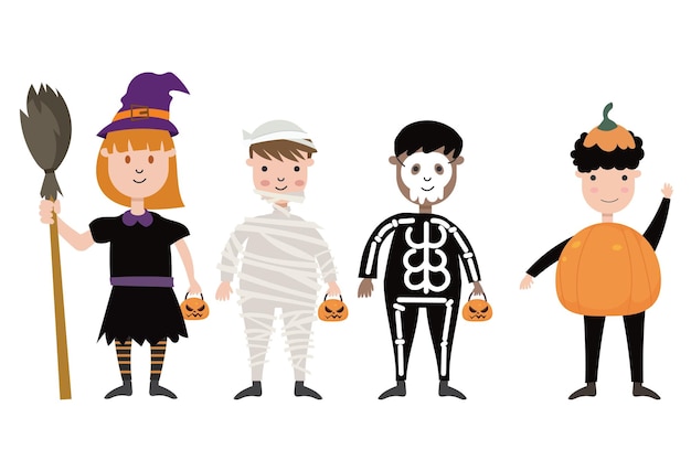 Vector set of children characters for halloween costumes witches monster mummy skeleton pumpkin vecto