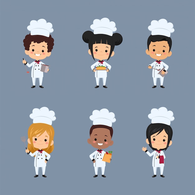 음식을 준비하는 앞치마를 사용하여 어린이 요리사 만화 캐릭터 세트