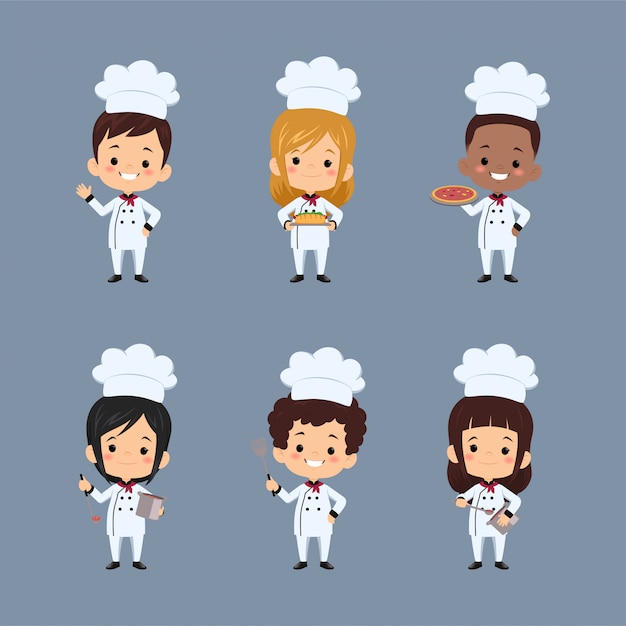 set of  children chef cartoon character using apron preparing food