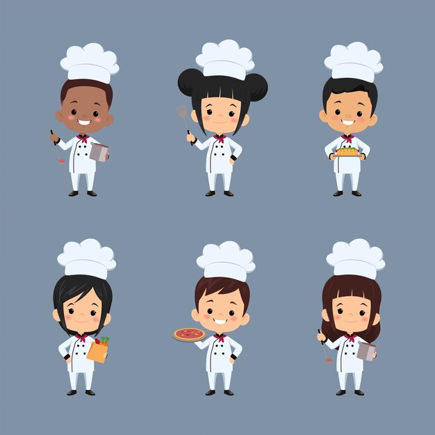 set of  children chef cartoon character using apron preparing food