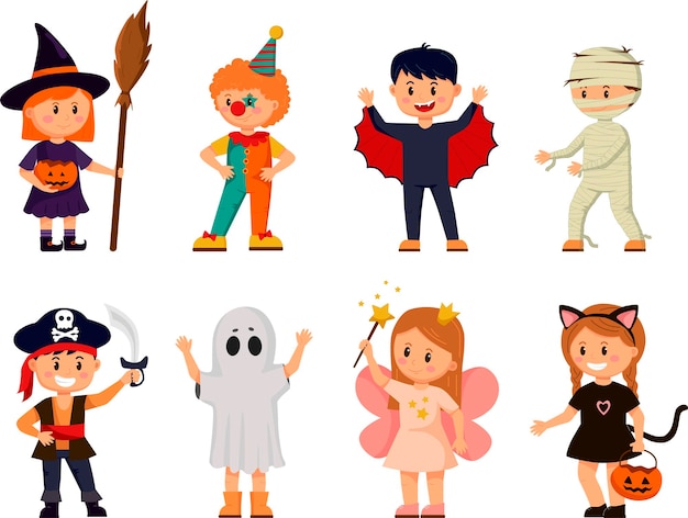 Vettore set di bambini in costume per halloween. collezione di bambini dei cartoni animati in costumi di carnevale.