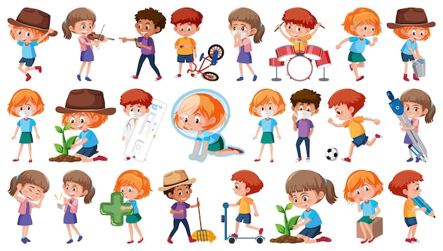 Set of children doing different activities on white background