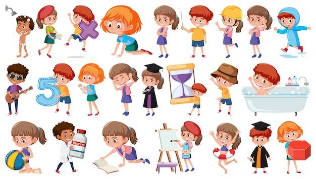 Vector set of children doing different activities on white background