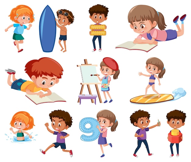 Set of children doing different activities on white background