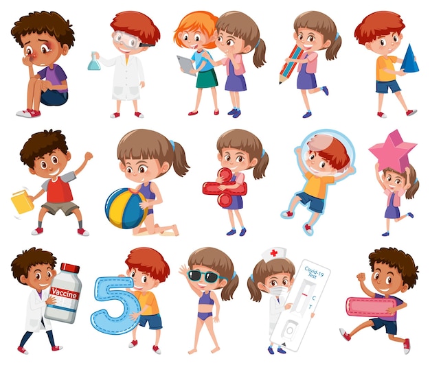 Set of children doing different activities on white background