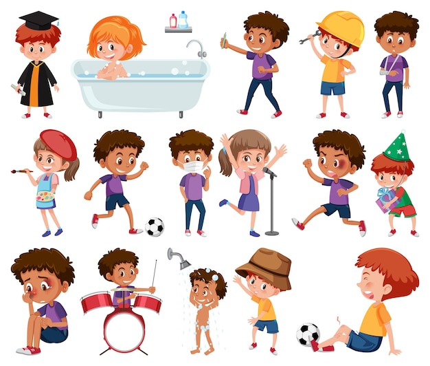 Vector set of children doing different activities on white background