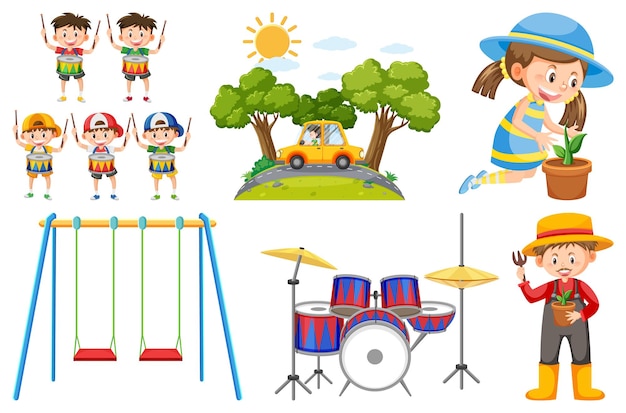 Set of children doing different activities