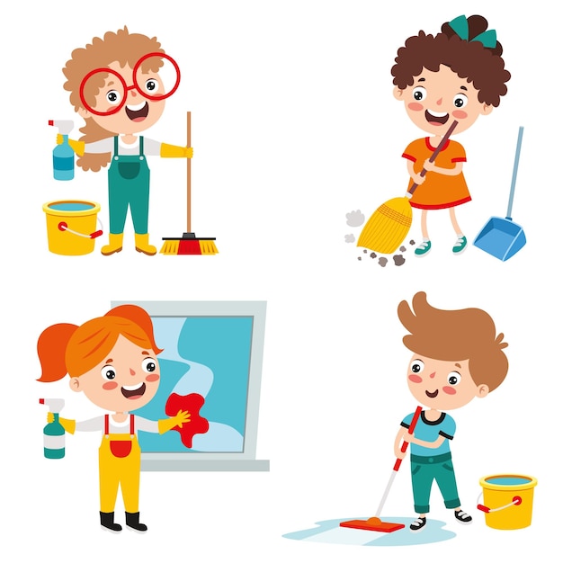 Set of children doing various houseworks