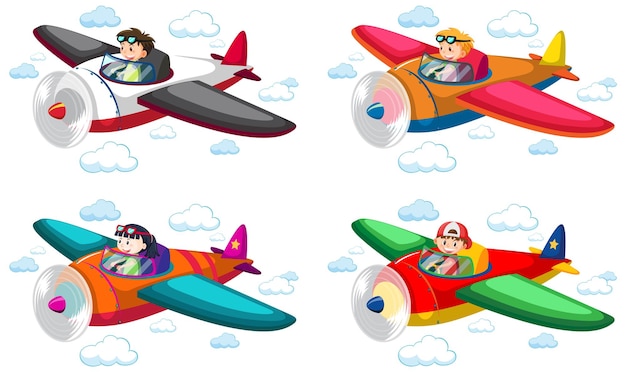 Vector set of children flying airplane