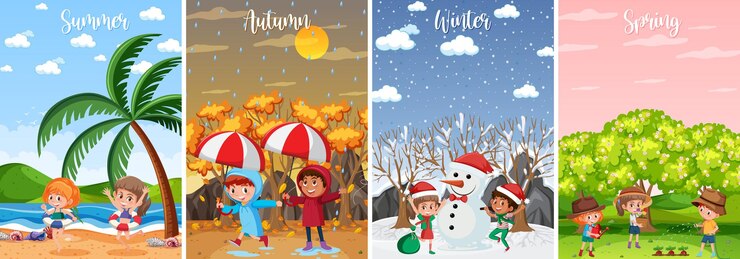 वेक्टर set of children in four seasons backgrounds
