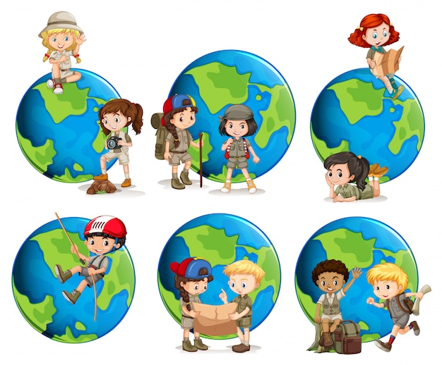 Set of children and globes