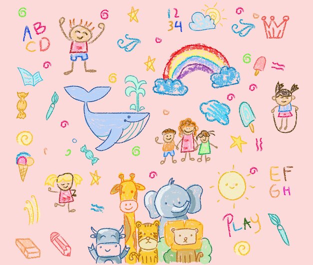 Vector set of children illustration crayons style