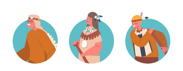 Набор детей коренных индийских американских персонажей с веслами, изолированными круглыми иконами, коренными аборигенами, детьми-аватарами