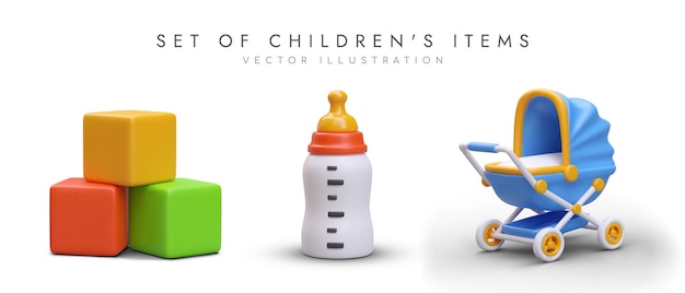 Vector set of children items colored cubes bottle with nipple stroller isolated objects with shadows