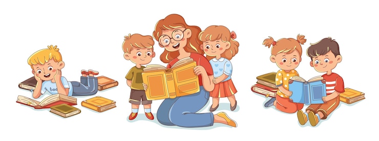 Вектор набор детей учится по книгам