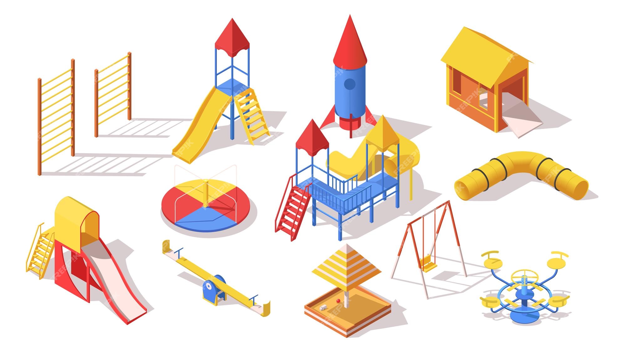 Children playing with parents on kids playground with game equipment.  Isometric cartoon vector illustration with 3d little people. Playground  isometry with swing and slide Stock Vector Image & Art - Alamy