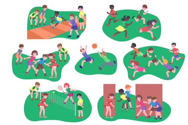 Set di bambini che giocano. bambini felici che fanno esercizio fisico, giocano a recuperare, pallacanestro, giochi sportivi. infanzia attiva e sana. illustrazione del fumetto di vettore piatto isolato su sfondo bianco