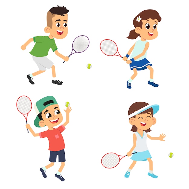 Set di bambini che giocano a tennis.