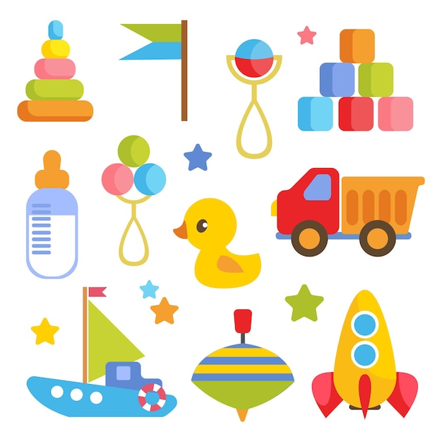 Vector set of children s attributes and items for the newborn toys vehicles a bottle of milk and more