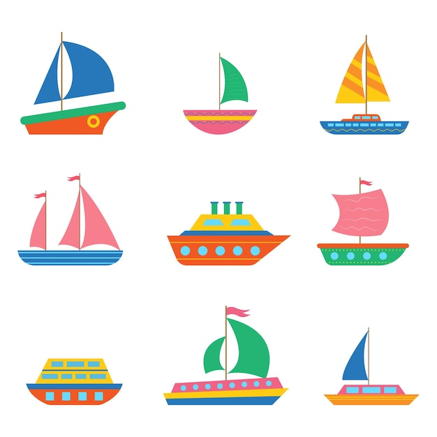 Set of children's colorful boats and ships Vector illustrationB