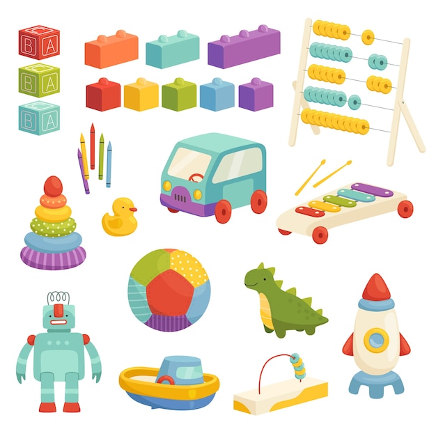 Vector set of children's educational toys with a cute design. funny ball, rocket, constructor and other logic games. isolated on a white background.