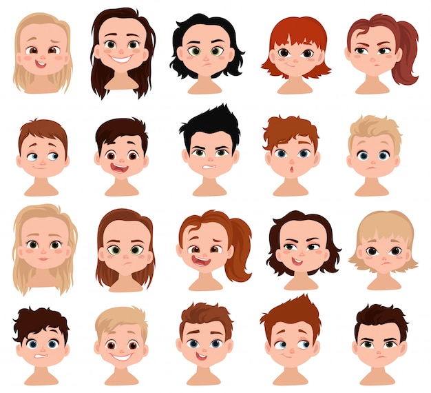 Vector set of children's faces. сollection of portraits of kids with different emotions.