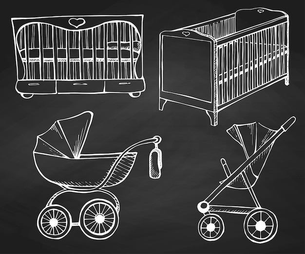 Set children's furniture Vector illustration Sketch different for child cots and prams