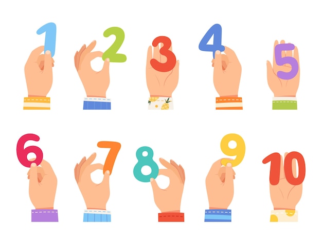 Set children's hands hold different colored numbers.