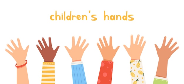 Vector set children's hands raised up. children of different nationalities wave their hands.