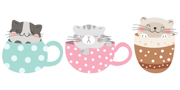Vector set of children's illustrations cute funny kittens in colorful cups pastel colors icons