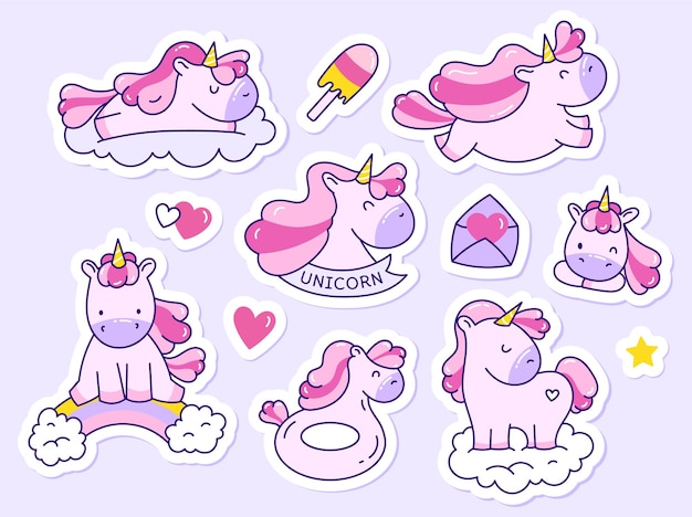A set of children's illustrations stickers with unicorns