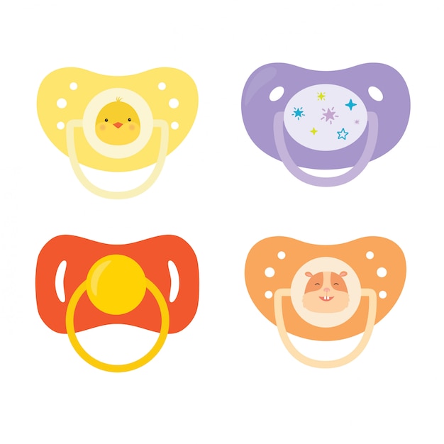 Vector set of children's pacifiers. baby care equipment.