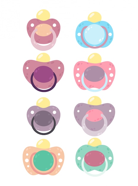 Set of children's pacifiers. nipple newborn child collections isolated on white