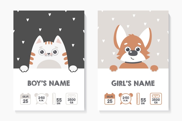 A set of children's posters, height, weight, date of birth. cat. dog