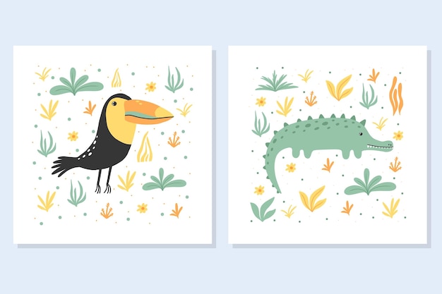 Set of children's posters with jungle animals. Toucan and crocodile posters. Drawn style.