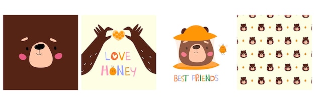 곰 곰 얼굴과 어린이 디자인을 위한 손으로 그린 글꼴이 있는 패턴과 어린이 지문 세트