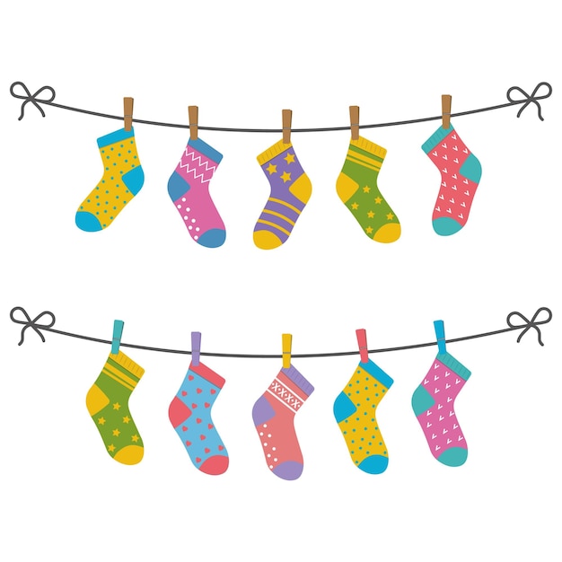 A set of children's socks are dried on a rope flat vector illustration isolated on white background