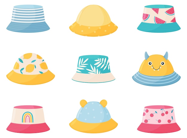 Set of children s summer hats Bright hats of different colors for girls and boys