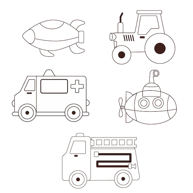 Vector set of children's toys cars in the style of a doodle one line