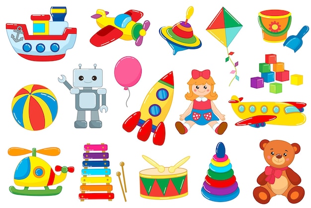 set of children's toys in cartoon style vector illustration