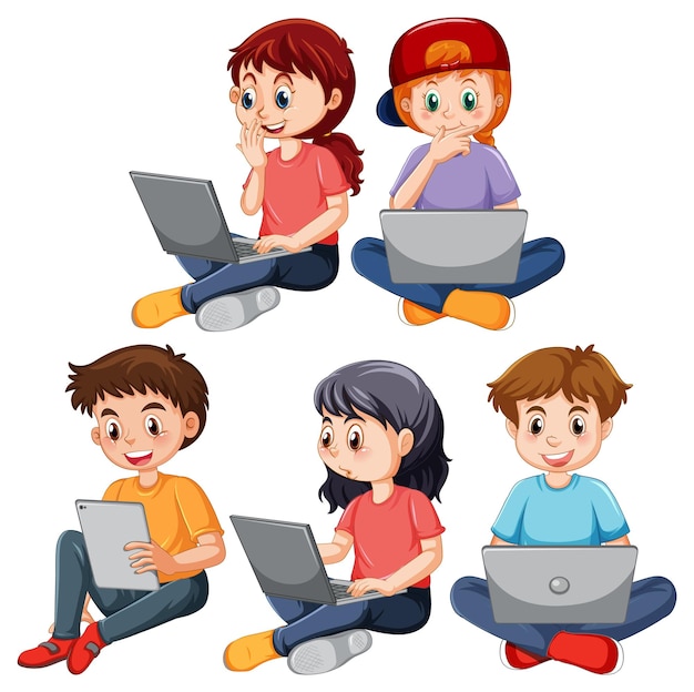 Set of children using laptop