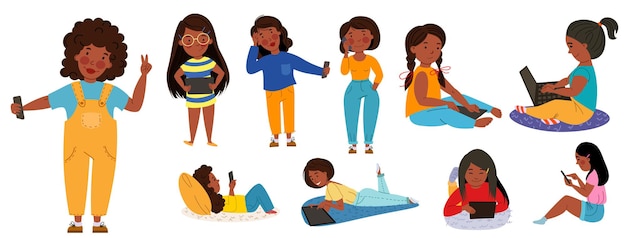 Vector a set of children with gadgets. dark-skinned girls with phones, tablets, laptops. wireless technology. flat vector isolated illustration