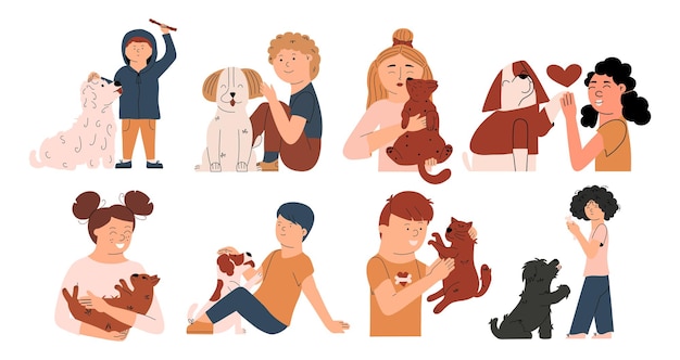 Vector set of children with pets the girl hugs the cat the boy plays with the dog