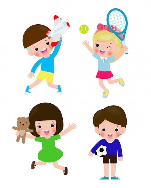 Set of children with toys isolated illustration