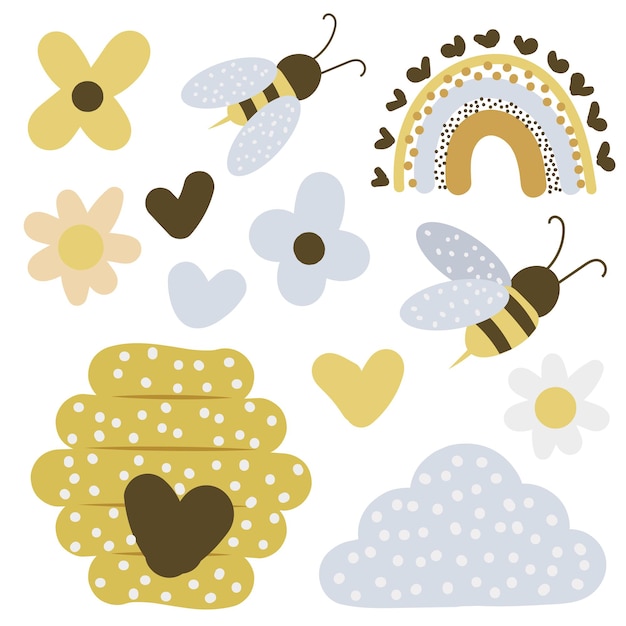 Set of childrens bees in a minimalist style